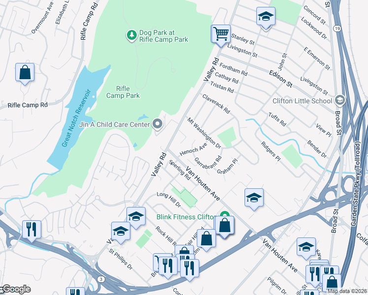 map of restaurants, bars, coffee shops, grocery stores, and more near 41 Garrabrant Road in Clifton