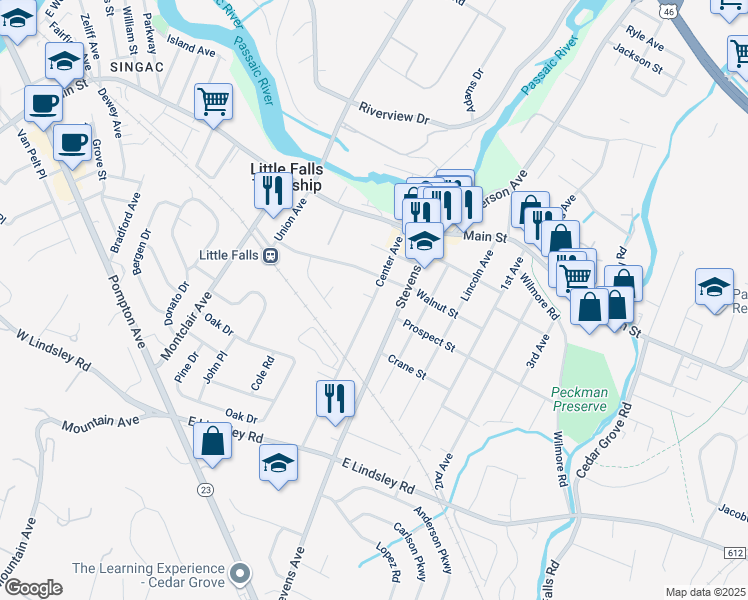map of restaurants, bars, coffee shops, grocery stores, and more near 56 Center Avenue in Little Falls