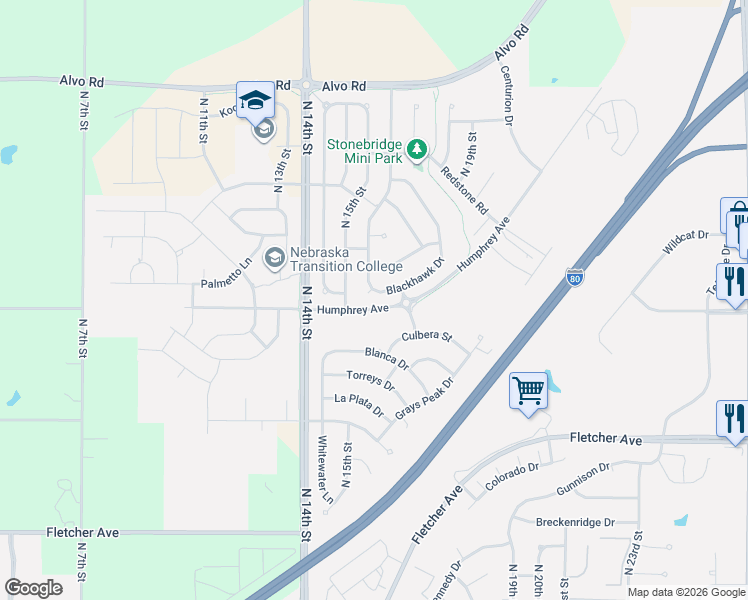 map of restaurants, bars, coffee shops, grocery stores, and more near 1641 Blackhawk Drive in Lincoln