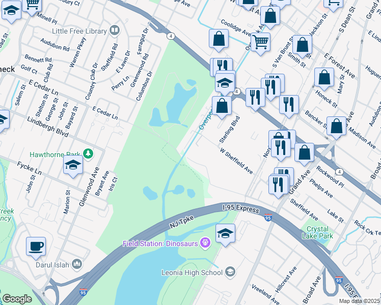 map of restaurants, bars, coffee shops, grocery stores, and more near 145 Cedar Lane in Englewood