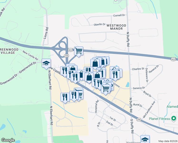 map of restaurants, bars, coffee shops, grocery stores, and more near 700 Butler Crossing in Butler