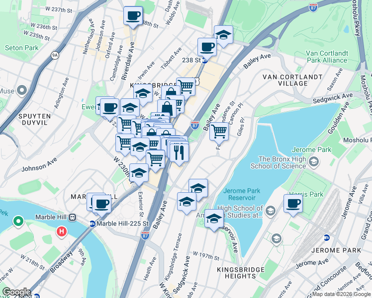 map of restaurants, bars, coffee shops, grocery stores, and more near 3156 Albany Crescent in Bronx