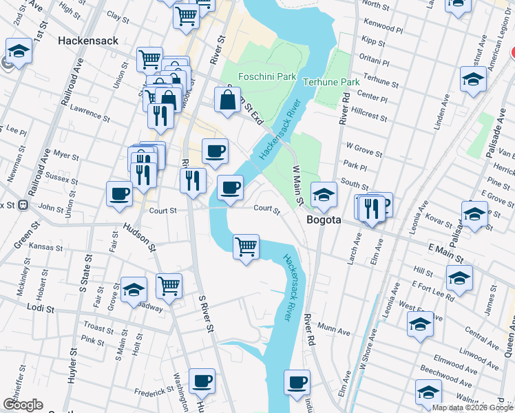 map of restaurants, bars, coffee shops, grocery stores, and more near 299 West Fort Lee Road in Bogota