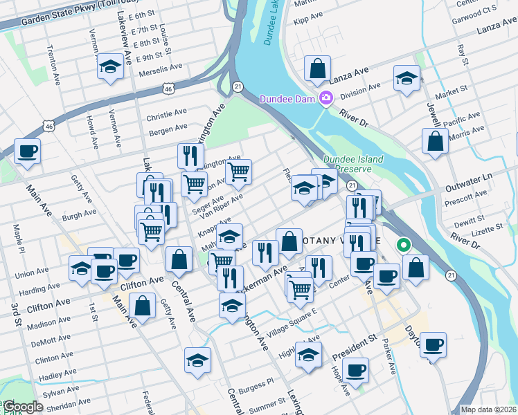 map of restaurants, bars, coffee shops, grocery stores, and more near 81 Knapp Avenue in Clifton