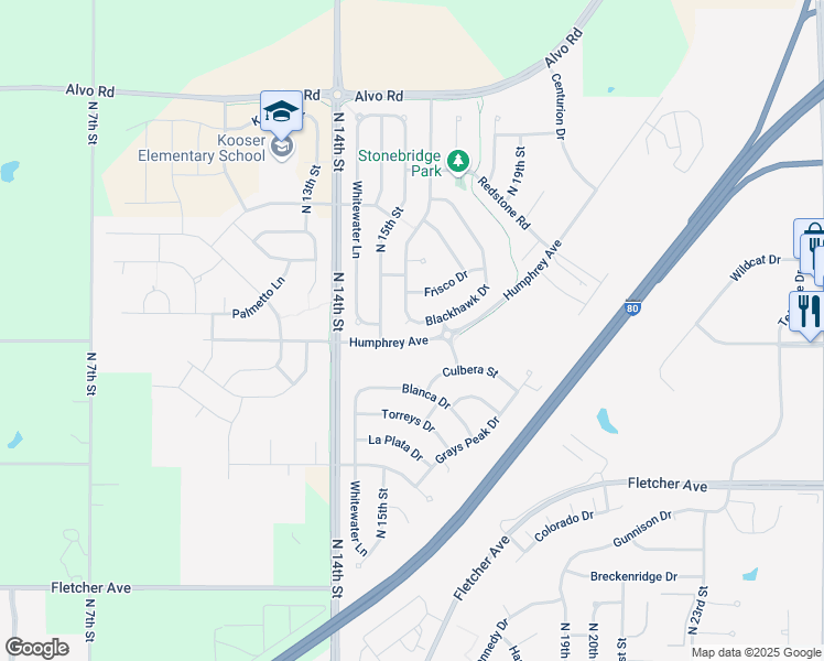 map of restaurants, bars, coffee shops, grocery stores, and more near 1641 Blackhawk Drive in Lincoln