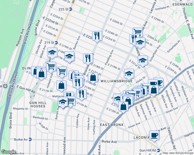 map of restaurants, bars, coffee shops, grocery stores, and more near 959 East 216th Street in Bronx