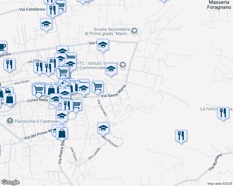map of restaurants, bars, coffee shops, grocery stores, and more near 351 Via Santa Maria in Quarto