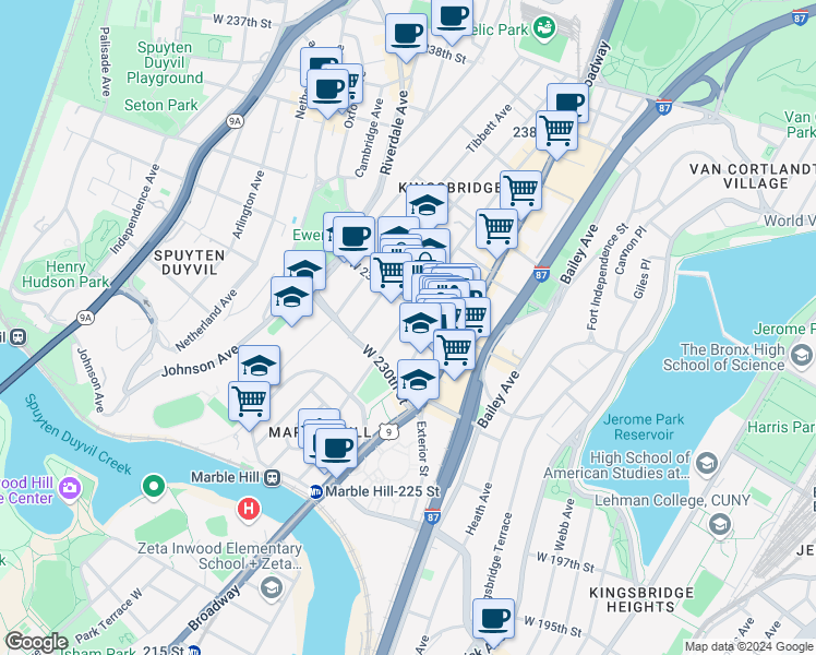 map of restaurants, bars, coffee shops, grocery stores, and more near 3044 Kingsbridge Avenue in Bronx