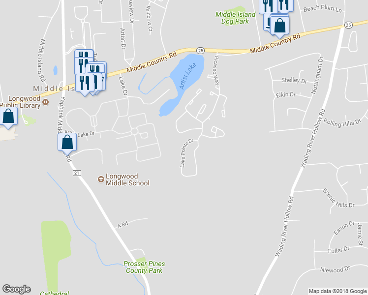map of restaurants, bars, coffee shops, grocery stores, and more near 448 Lake Pointe Drive in Middle Island