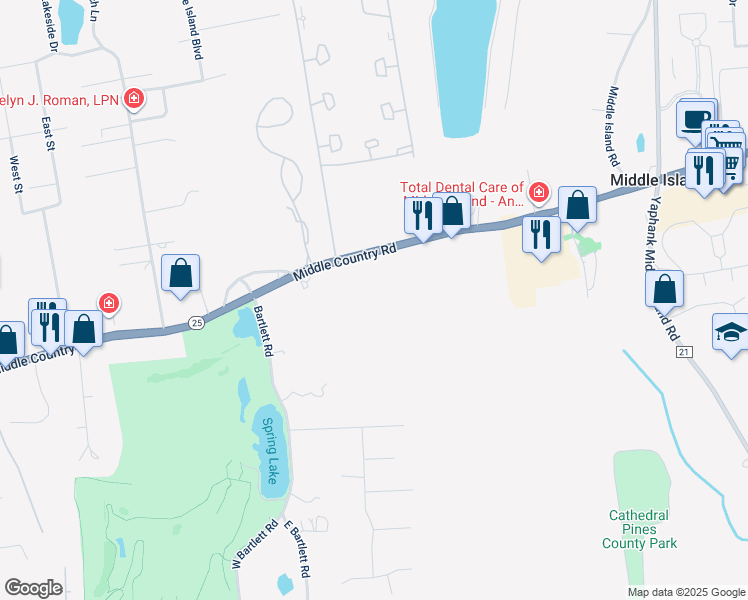 map of restaurants, bars, coffee shops, grocery stores, and more near 197 Middle Country Road in Middle Island