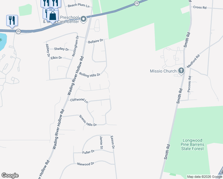 map of restaurants, bars, coffee shops, grocery stores, and more near 60 Scenic Hills Drive in Ridge