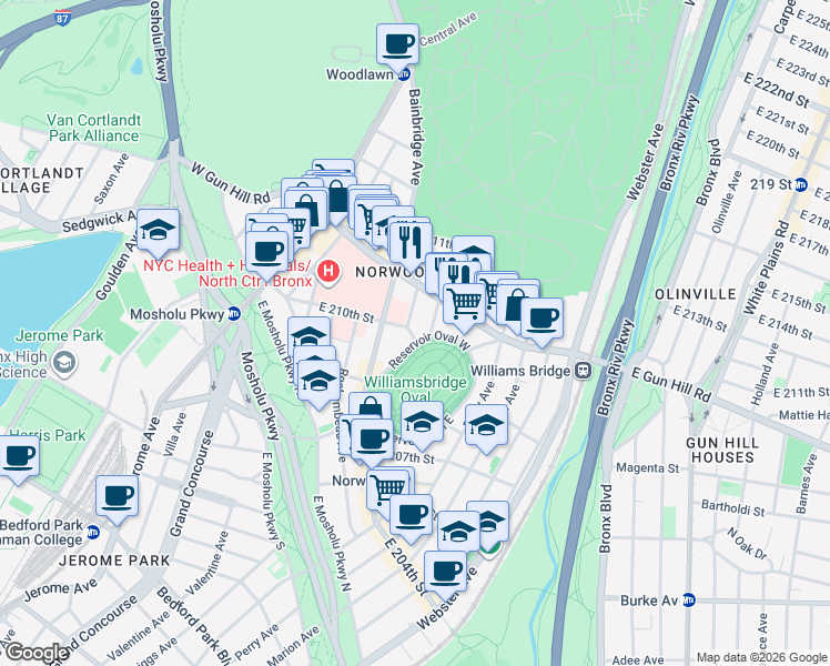 map of restaurants, bars, coffee shops, grocery stores, and more near 3390 Wayne Avenue in The Bronx