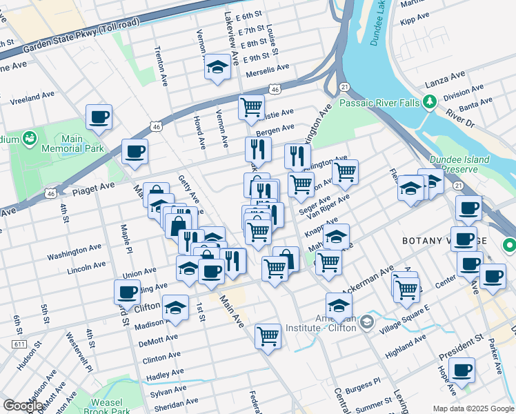map of restaurants, bars, coffee shops, grocery stores, and more near 122 Lakeview Avenue in Clifton
