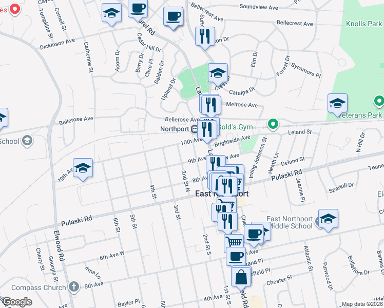 map of restaurants, bars, coffee shops, grocery stores, and more near 910 2nd Street North in East Northport