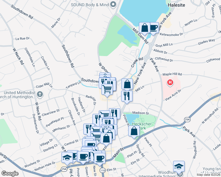 map of restaurants, bars, coffee shops, grocery stores, and more near 232 Wall Street in Huntington