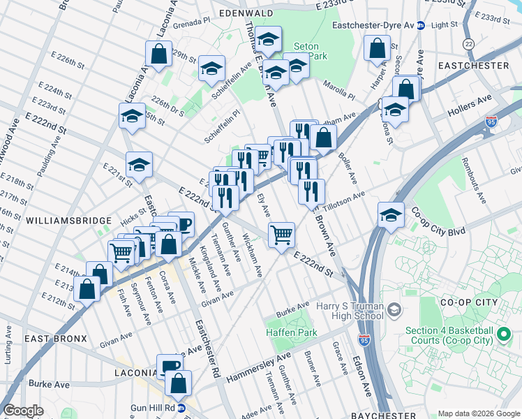 map of restaurants, bars, coffee shops, grocery stores, and more near 3453 Ely Avenue in Bronx
