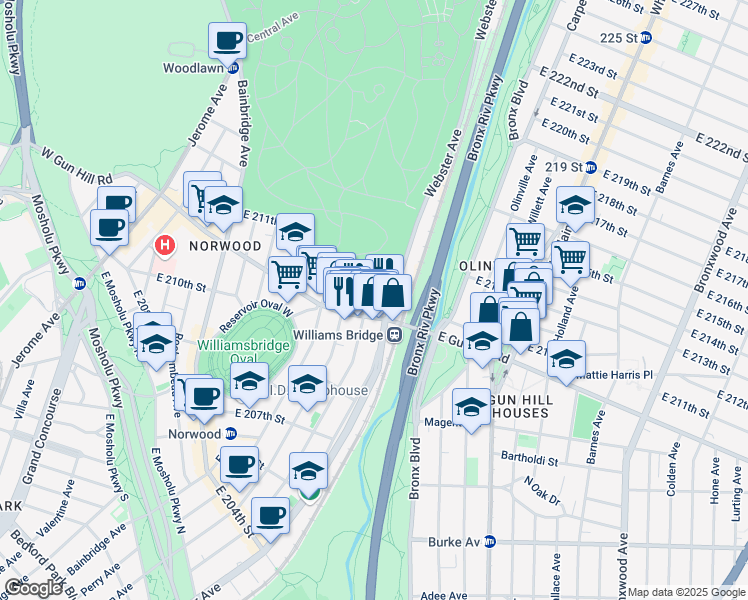 map of restaurants, bars, coffee shops, grocery stores, and more near 3530 Decatur Avenue in Bronx