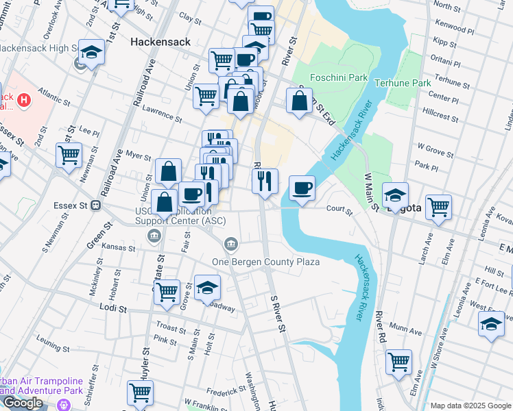 map of restaurants, bars, coffee shops, grocery stores, and more near 63 River Street in Hackensack