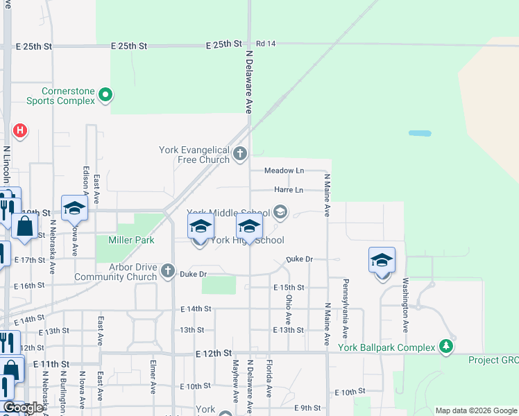 map of restaurants, bars, coffee shops, grocery stores, and more near 1914 North Delaware Avenue in York