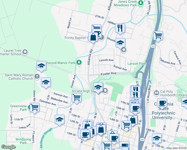 map of restaurants, bars, coffee shops, grocery stores, and more near Foster Avenue in Arcata