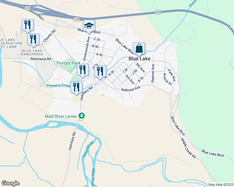 map of restaurants, bars, coffee shops, grocery stores, and more near 660-664 Redwood Avenue in Blue Lake
