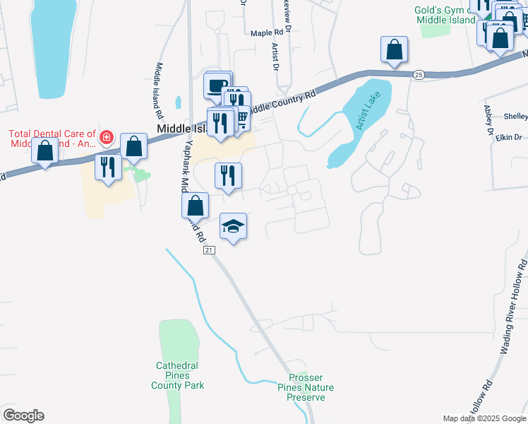 map of restaurants, bars, coffee shops, grocery stores, and more near 294 Artist Lake Drive in Middle Island