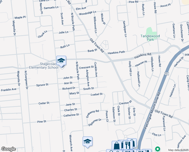 map of restaurants, bars, coffee shops, grocery stores, and more near 15 Court Street in Selden
