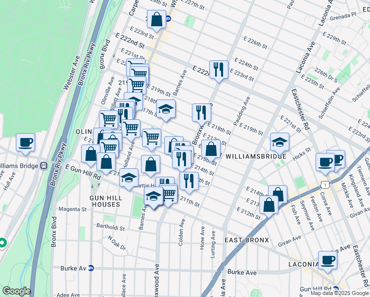 map of restaurants, bars, coffee shops, grocery stores, and more near 874 East 216th Street in Bronx