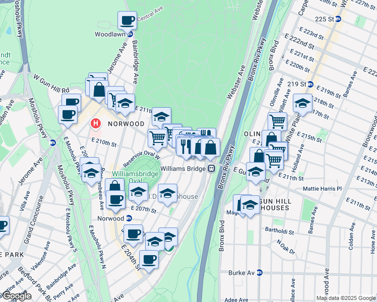 map of restaurants, bars, coffee shops, grocery stores, and more near 3511 Hull Avenue in Bronx