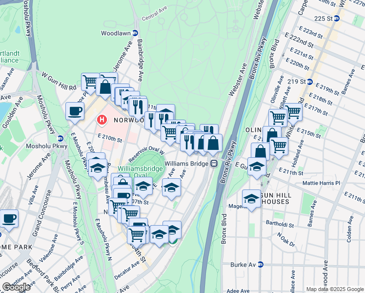 map of restaurants, bars, coffee shops, grocery stores, and more near 301 East Gun Hill Road in Bronx