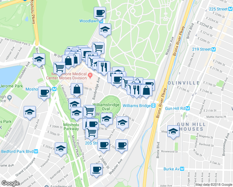 map of restaurants, bars, coffee shops, grocery stores, and more near 3395 Reservoir Oval West in The Bronx