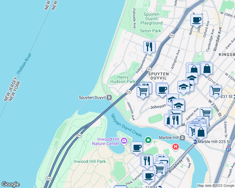map of restaurants, bars, coffee shops, grocery stores, and more near in The Bronx