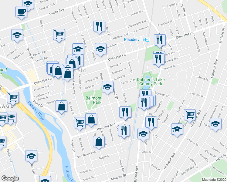map of restaurants, bars, coffee shops, grocery stores, and more near 92 Monroe Street in Garfield