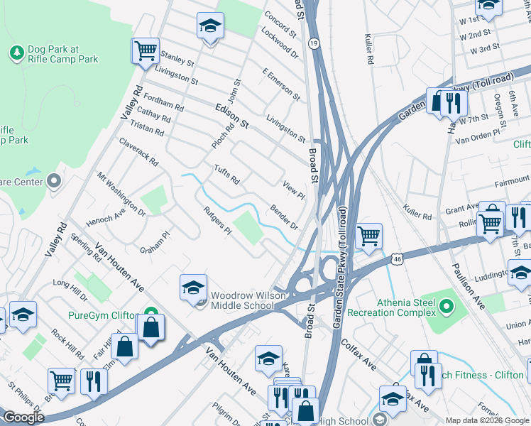 map of restaurants, bars, coffee shops, grocery stores, and more near 48 Bender Drive in Clifton