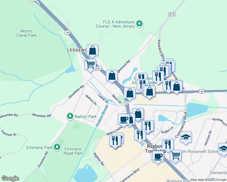 map of restaurants, bars, coffee shops, grocery stores, and more near 1174 U.S. 46 in Roxbury Township