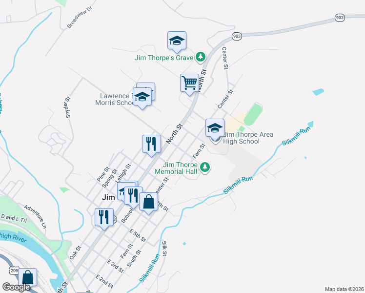 map of restaurants, bars, coffee shops, grocery stores, and more near 18 W 10th St in Jim Thorpe
