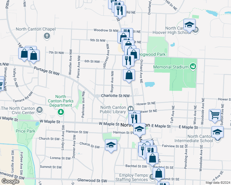 map of restaurants, bars, coffee shops, grocery stores, and more near 215 Charlotte Street Northeast in North Canton