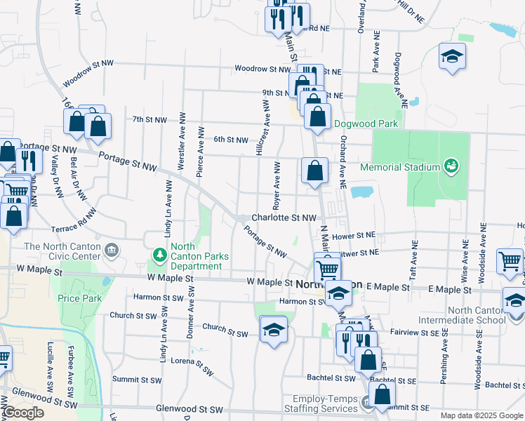 map of restaurants, bars, coffee shops, grocery stores, and more near 340 Hillcrest Avenue Northwest in North Canton