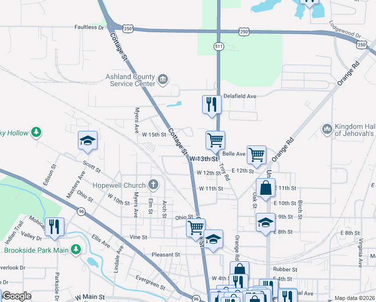 map of restaurants, bars, coffee shops, grocery stores, and more near 1325 Cottage Street in Ashland