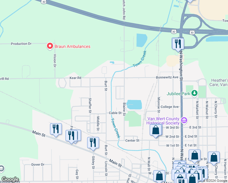 map of restaurants, bars, coffee shops, grocery stores, and more near 539 Collins Avenue in Van Wert
