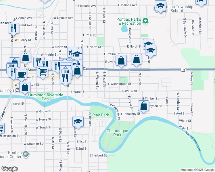 map of restaurants, bars, coffee shops, grocery stores, and more near 418 East Washington Street in Pontiac