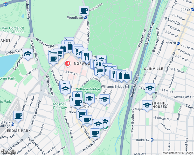 map of restaurants, bars, coffee shops, grocery stores, and more near 3405 Putnam Place in Bronx