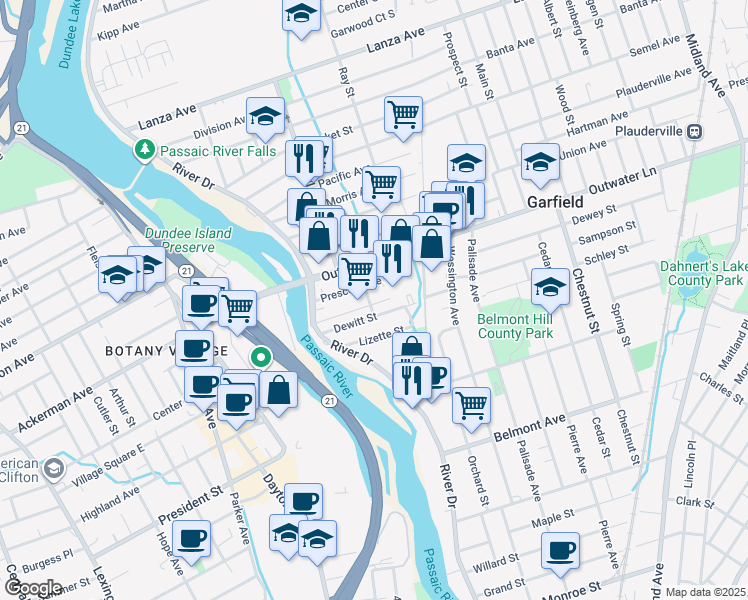 map of restaurants, bars, coffee shops, grocery stores, and more near 57 Franklin Avenue in Garfield