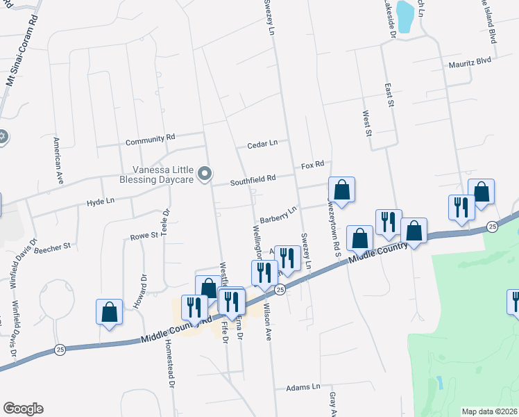 map of restaurants, bars, coffee shops, grocery stores, and more near 57 Wellington Road in Middle Island