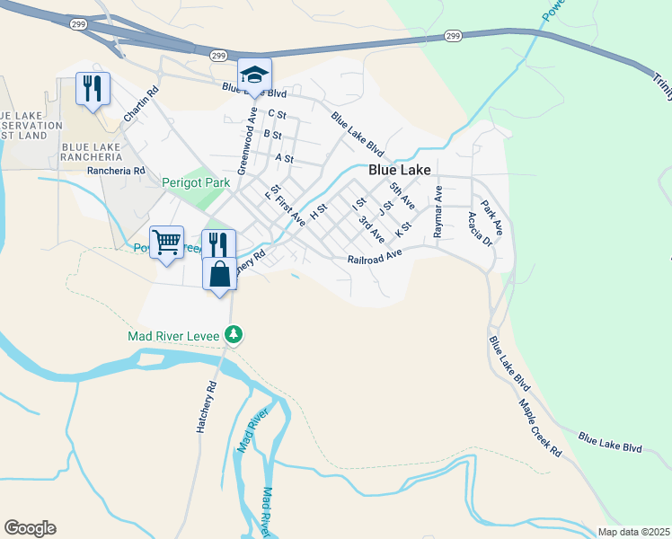map of restaurants, bars, coffee shops, grocery stores, and more near 660 Redwood Avenue in Blue Lake