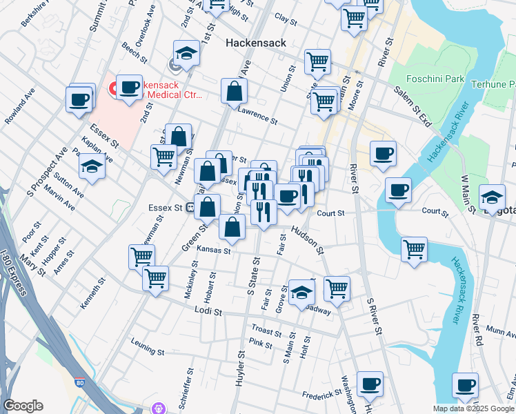 map of restaurants, bars, coffee shops, grocery stores, and more near 68 Dewitt Place in Hackensack