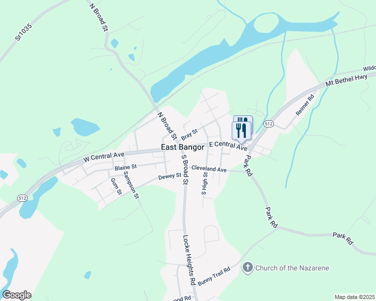 map of restaurants, bars, coffee shops, grocery stores, and more near 12 East Central Avenue in Bangor
