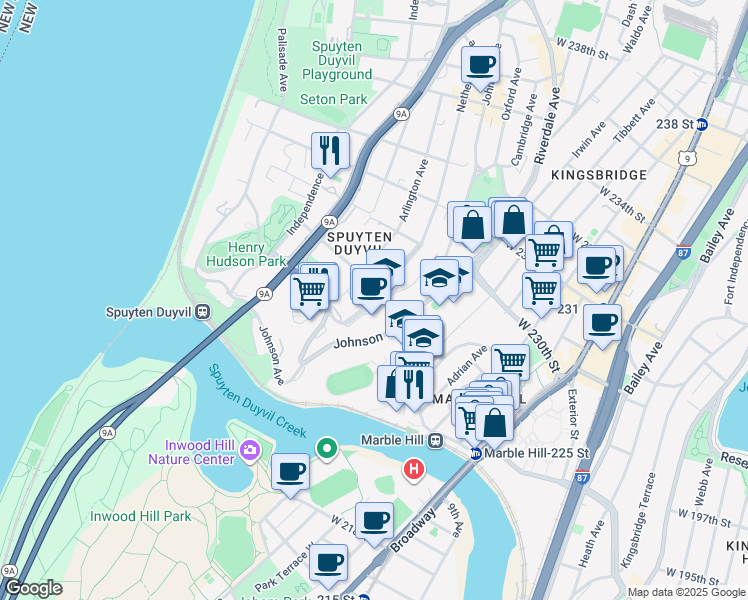 map of restaurants, bars, coffee shops, grocery stores, and more near 2650 Netherland Avenue in Bronx