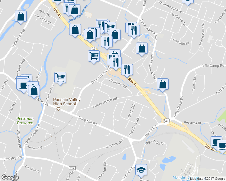 map of restaurants, bars, coffee shops, grocery stores, and more near 60 Stewart Avenue in Little Falls