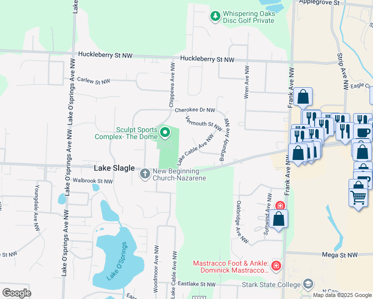 map of restaurants, bars, coffee shops, grocery stores, and more near 6765 Lake Cable Avenue Northwest in North Canton